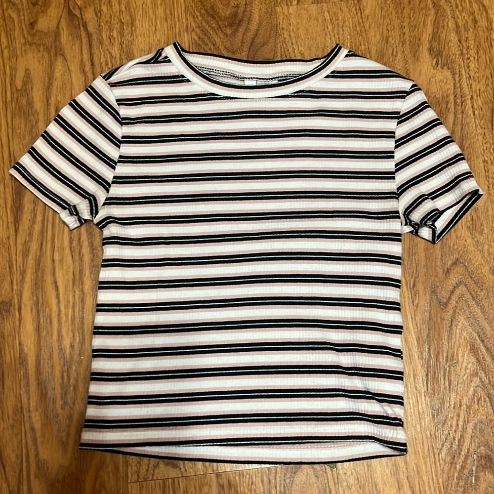 pink black and white striped top size small